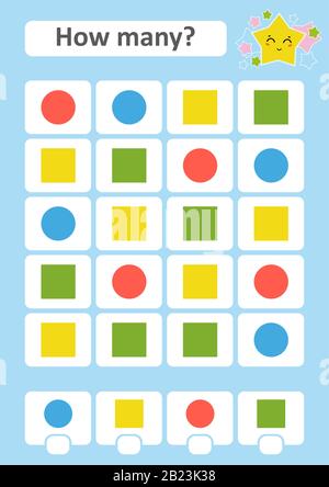 Zählspiel für Vorschulkinder. Das Studium der Mathematik. Wie viele Objekte im Bild. Quadrat, Kreis. Mit einem Ort für Antworten. Einfache Wohnung Stock Vektor