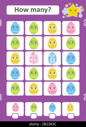 Zählspiel für Vorschulkinder. Das Studium der Mathematik. Wie viele Elemente im Bild. Ostereier. Mit einem Ort für Antworten. Einfaches flaches Isol Stock Vektor