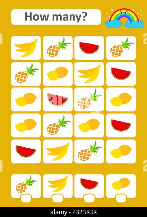 Zählspiel für Vorschulkinder. Das Studium der Mathematik. Wie viele Früchte im Bild sind: Banana, Ananas, Wassermelone, Zitrone. Mit Platz für Stock Vektor