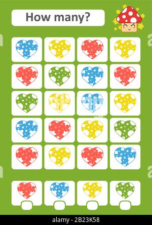 Zählspiel für Vorschulkinder. Das Studium der Mathematik. Wie viele Elemente im Bild. Farbige Herzen. Mit einem Ort für Antworten. Einfache flache iso-empfindlichkeit Stock Vektor