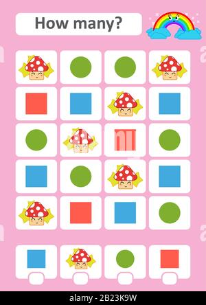Zählspiel für Vorschulkinder. Das Studium der Mathematik. Wie viele Elemente im Bild. Pilz, Quadrat, Kreis. Mit einem Ort für Antworten. Sim Stock Vektor