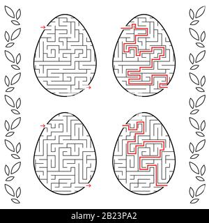 Ein Satz Labyrinthe in Form von Eiern. Schwarzer Strich. Ein Spiel für Kinder. Mit der Antwort. Einfache flache Vektorgrafiken isoliert auf weißem Hintergrund Stock Vektor