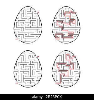 Ein Satz Labyrinthe in Form von Eiern. Schwarzer Strich. Ein Spiel für Kinder. Mit der Antwort. Einfache flache Vektorgrafiken isoliert auf weißem Hintergrund Stock Vektor