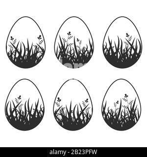 Set schwarzer Silhouetten isolierte Ostereier auf weißem Hintergrund. Mit abstraktem Muster. Einfache Vektorgrafiken. Geeignet für Dekoratio Stock Vektor