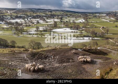 Winterlicher Sonnenschein und ein Flickenteppich von teilweise schneebedeckten Feldern in Richtung Mickleton und Lunedale aus Whistle Crag, Teesdale Stockfoto