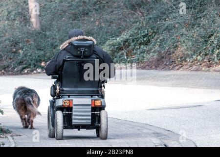 Ein alter Mann fährt einen elektrischen Rollstuhl und wird von seinem treuen Hund begleitet Stockfoto