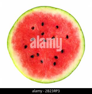 Scheibe frischer runder Wassermelone isoliert auf weißem Hintergrund Stockfoto