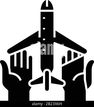 Schwarzes Symbol für Flugsicherheit, Konzeptabbildung, Vektor-Flachsymbol, Glyph-Zeichen. Stock Vektor