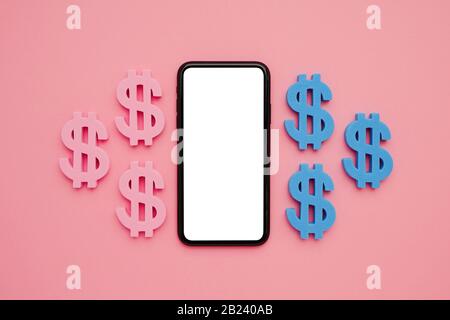 Handy und us-Dollar-Symbol auf pinkfarbenem Hintergrund, minimale Flatlay Stockfoto