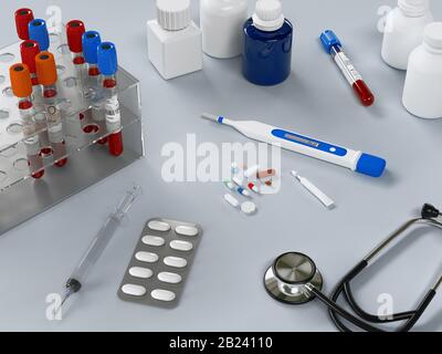 Medizinisches Stethoskop, elektronisches Thermometer und Pillen auf weißem Hintergrund. Draufsicht über den Arztarbeitsplatz. Diagnostisches Sanitäter. 3D-Rendering Stockfoto