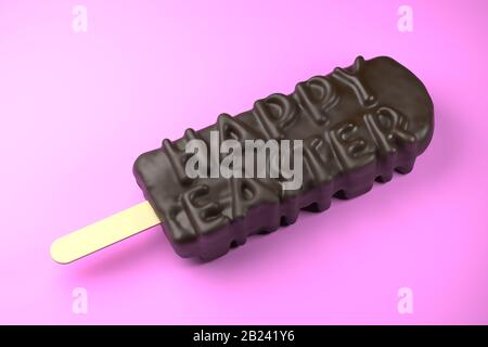 Frohe Ostern Text auf Schokolade Eis auf einem Stock Auf farbigem rosa Hintergrund Stockfoto