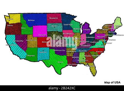 Karte der USA mit Regionen. Farbige Grafik mit Karte der USA. Amerikanische Karte mit Regionen. Karte mit abstrakten Farben. Stockfoto