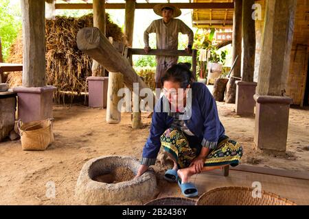 Die lokale Frau kontrolliert die Zuhaltung von Reiskörnern mit einem manuell betriebenen Holzhammer in einer Steinschale, Ban Phong Van in der Nähe von Luang Prabang, Laos Stockfoto