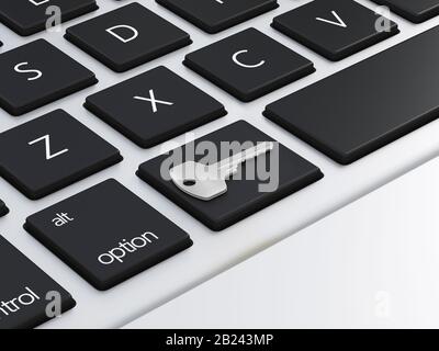 Schließen Sie den Laptop oben auf dem Bürotisch eines Geschäftsmannes mit Leerem weißem Bildschirm und 3D-Rendering Stockfoto