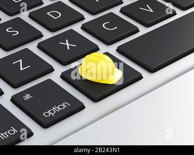 Schließen Sie den Laptop oben auf dem Bürotisch eines Geschäftsmannes mit Leerem weißem Bildschirm und 3D-Rendering Stockfoto