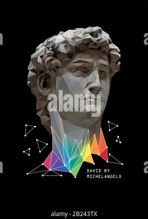 Abstrakte Darstellung von David von Michelangelo mit bunten Elementen. Schwarzer Hintergrund. Flacher Poly. Vektorgrafiken. Stock Vektor