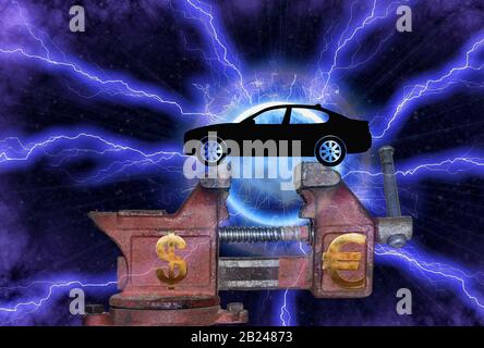 Digital Composing, Handelskrieg, Wirtschaftsstreit, Laster USA gegen EU, Autokolorit, Zollstreit, Weltwirtschaft, Illustration, Symbolbild, Deutschland Stockfoto