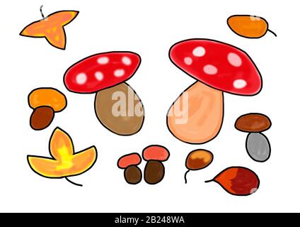 Naive Illustration, Kinderzeichnung, verschiedene Pilze, Deutschland Stockfoto
