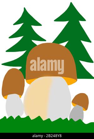 Naive Illustration, Kinderzeichnung, Pilze im Wald, Deutschland Stockfoto