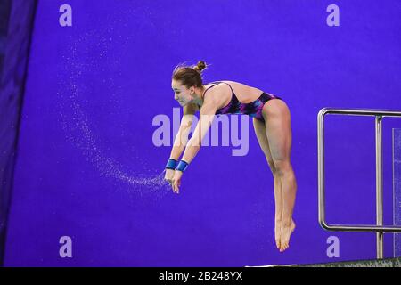 Montreal, Quebec, Kanada. 29. Februar 2020: Luliia Timoschinina (RUS) taucht während des 10-m-Plattform-Halbfinales der FINA Diving World Series Frauen im Olympiastadion von David Kirouac/CSM Stockfoto