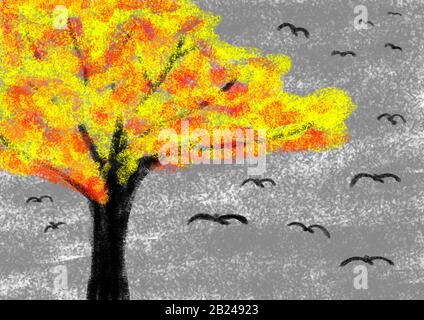 Naive Illustration, Kinderzeichnung, Herbst, farbiger Laubenbaum, Deutschland Stockfoto