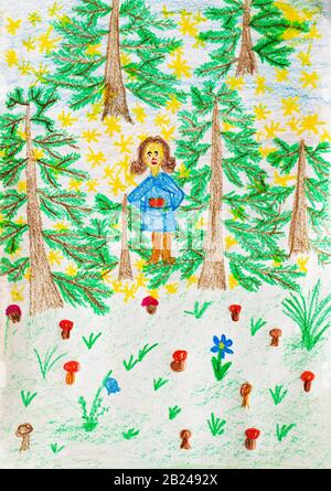 Naive Illustration, Kinderzeichnung, Herbst, Mädchen auf der Suche nach Pilzen im Wald, Deutschland Stockfoto