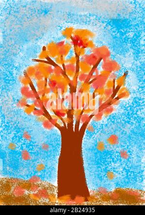 Naive Illustration, Kinderzeichnung, Herbst, farbiger Laubenbaum, Deutschland Stockfoto