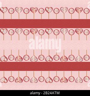Nahtloses Muster. Süßigkeiten auf einem Stock in Form von Herzen in rot-weißer Farbe und einer runden Form, die in Reihen angeordnet ist. Rote und rosafarbene Streifen Stockfoto