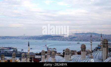 Istanbul/Türkei - 20.01.2019: Blick auf die gegenüberliegende Seite des Bosporus vom Garten der Süleymaniye-Moschee. Stockfoto