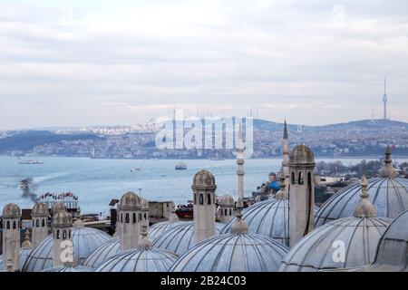 Istanbul/Türkei - 20.01.2019: Blick auf die gegenüberliegende Seite des Bosporus vom Garten der Süleymaniye-Moschee. Stockfoto