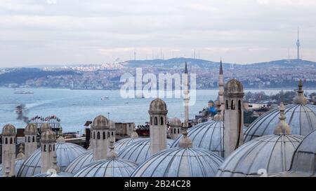 Istanbul/Türkei - 20.01.2019: Blick auf die gegenüberliegende Seite des Bosporus vom Garten der Süleymaniye-Moschee. Stockfoto