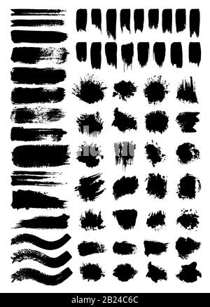 Vektorillustrationen mit Kritzeln und Flecken. Chaotische Freihand-Tintenschaufeln und Farben-Blots packen. Unordentliche Schwarzweißzeichnungen. Kratzer und Farbflecken auf transparentem Hintergrund Stock Vektor