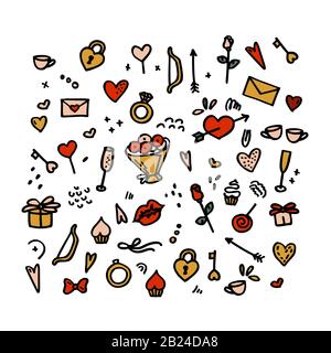 Set von Elementen für das Design eines romantischen Themas. Dicker Schlaganfall, Retro-Style. Stock Vektor