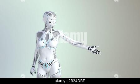 Roboter zeigt mit der Hand in verschiedene Richtungen. Stockfoto