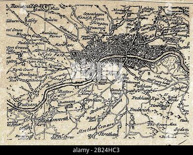 Eine Karte der Stadt London (Großbritannien), Dörfer, Gasthäuser, Umgebung usw. in den 1700 Jahren, mit Schreibweisen zu dieser Zeit Stockfoto