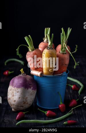 Stillleben reifer Gemüsesorten im rustikalen Stil, auf Holzgrund Stockfoto