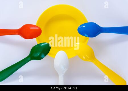 Mehrfarbige Kunststoff-Löffel befinden sich um die Platte auf dem weißen Hintergrund. Flaches Lay. Draufsicht. Stockfoto
