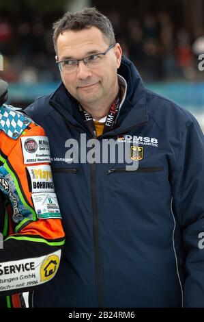 Berlin, Deutschland. Februar 2020. Berlin DEUTSCHLAND - 29. Februar Bernd Sagert, Manager Deutschland auf dem Eis Speedway of Nations (Tag 1) im Horst-Dohm-Eisstadion, Berlin, am Samstag, 29. Februar 2020. (Credit: Ian Charles   MI News) Credit: MI News & Sport /Alamy Live News Stockfoto