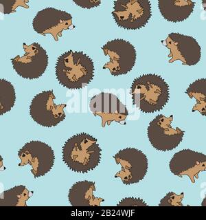 Stumpfende Igel nahtloses wiederholtes Vektormuster mit niedlichen Illustrationen, die auf blauem Hintergrund herumrollen Stock Vektor