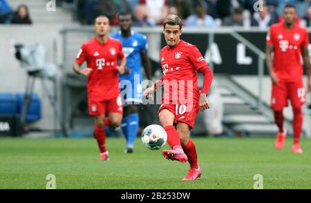 Hoffenheim, Deutschland. Feb. 2020. Firo: 29.02.2020 Fuvuball, Fußball: 1. Bundesliga, Saison 2019/2020 TSG Hoffenheim - FC Bayern Mvºnchen Muenchen 0: 6 FCB Philippe Coutinho, Single Action & Usage Worldwide Credit: Dpa / Alamy Live News Stockfoto