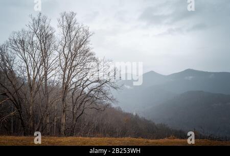 Panoramablick auf die Blue Ridge Mountains an einem winterlichen bewölkten Tag Stockfoto