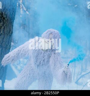 Yeti Märchenfigur im Winterwald. Fantasy-Foto im Freien. Stockfoto