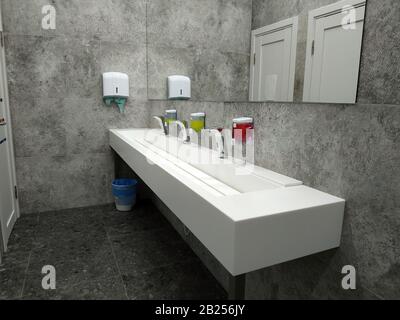 Bad mit weißem Waschbecken und Wasserhähnen. Öffentliches WC-Interieur. Großer Spiegel, trockene Handtücher, Dispenser für Flüssigseife in der toilette. Stockfoto