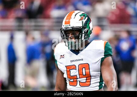 St. Louis, USA. Februar 2020. 29. Februar 2020: Seattle Dragons Linebacker Steven Johnson (59) in einem Spiel, in dem die Seattle Dragons die St. Louis Battlehawks besuchten. Abgehalten im Dome im America's Center in St. Credit: CAL Sport Media/Alamy Live News Stockfoto