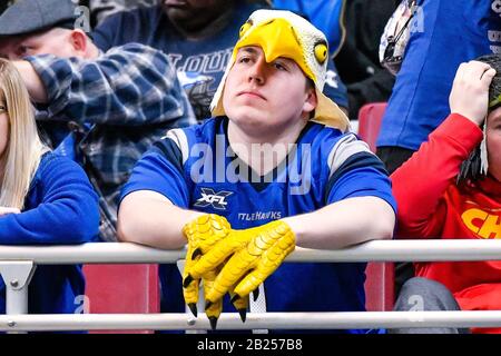 St. Louis, USA. Februar 2020. 29. Februar 2020: Ein BattleHawks Fan braucht Zeit, um über das Spiel in einem Spiel nachzudenken, in dem die Seattle Dragons die St. Louis Battlehawks besuchten. Abgehalten im Dome im America's Center in St. Credit: CAL Sport Media/Alamy Live News Stockfoto