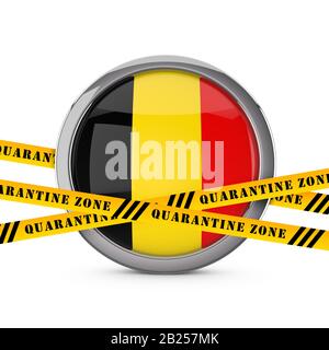 Belgische Flagge mit gelbem Quarantäne-Warnband. 3D-Rendering Stockfoto