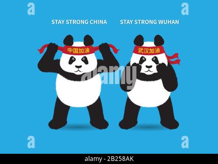 Zwei Baby-Giganten-Pandas binden Rücken-Stirnbänder und ermutigen Menschen in Wuhan und China. Chinesische Übersetzung: "Zhongguo jiayu" bedeutet "China stay str Stock Vektor