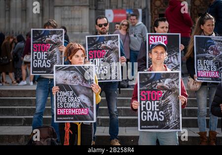 Barcelona, Spanien. Februar 2020. Tierschützer halten Schilder, die die Produktion von Foie Gras während der Demonstration anprangern.Aktivisten der igualdadtialischen Organisation prangern die Produktion von Foie Gras in Spanien an. Mehr als 1.150.000 Enten und Gänse werden nach Angaben von Aktivisten jedes Jahr in Spanien der Zwangsfütterung ausgesetzt. Credit: Sopa Images Limited/Alamy Live News Stockfoto