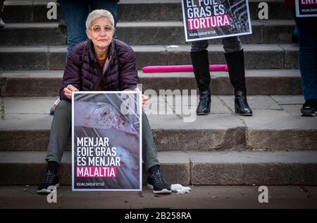 Barcelona, Spanien. Februar 2020. Ein Tieraktivist hält während der Demonstration ein Plakat. Aktivisten der igualdadistischen Organisation prangern die Produktion von Foie Gras in Spanien an. Mehr als 1.150.000 Enten und Gänse werden nach Angaben von Aktivisten jedes Jahr in Spanien der Zwangsfütterung ausgesetzt. Credit: Sopa Images Limited/Alamy Live News Stockfoto