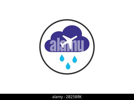 Regen-, Flugzeug- und Wolkenschild. Konzept für das Design des Bewässerungslogos Stock Vektor